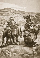 I hälarna på De Wet: Mounted Infantry attackerar ett vagnståg, illustration från 